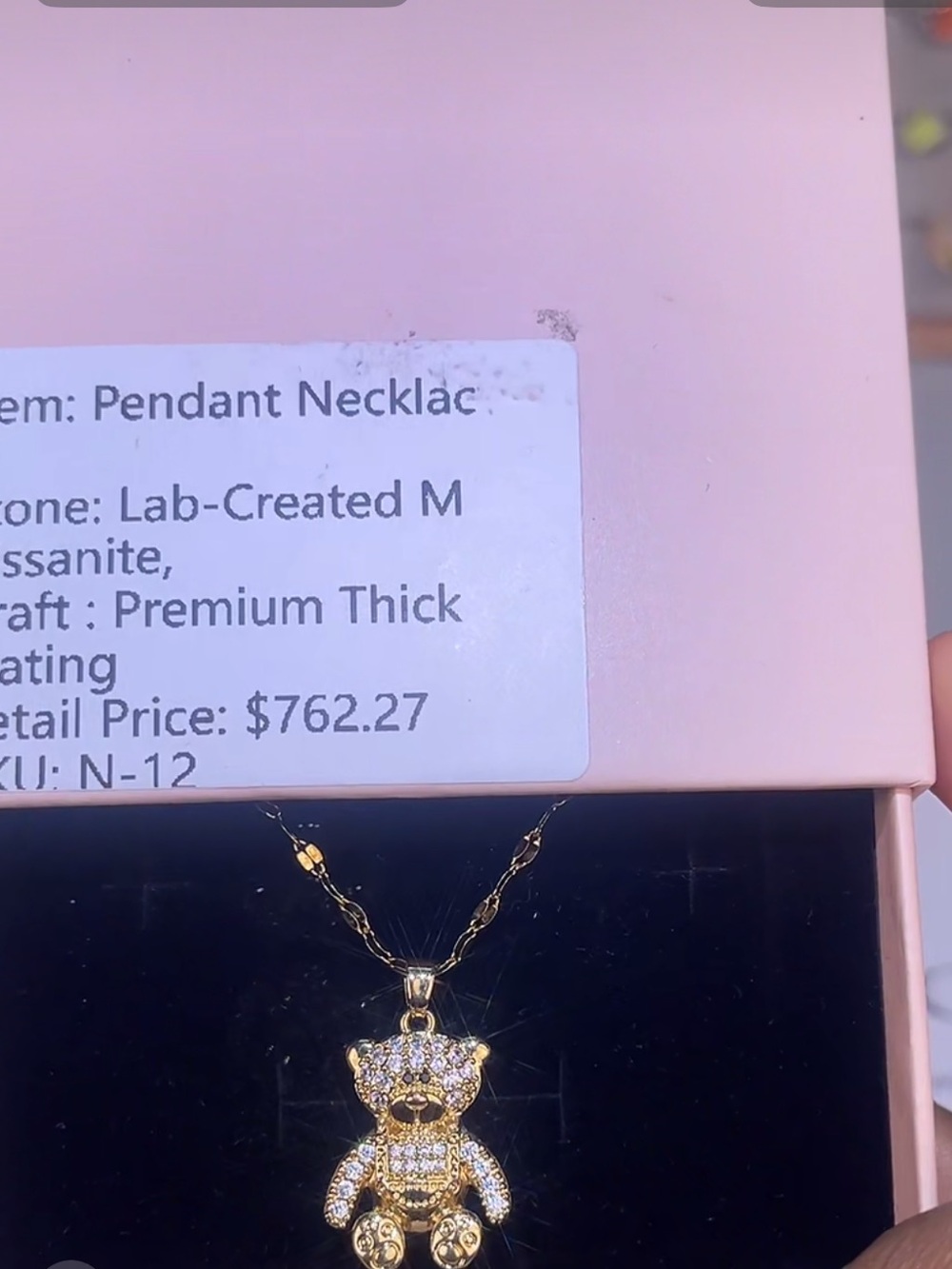 Gold Teddy Bear Pendant Necklace with Sparkling Stones - Gold
